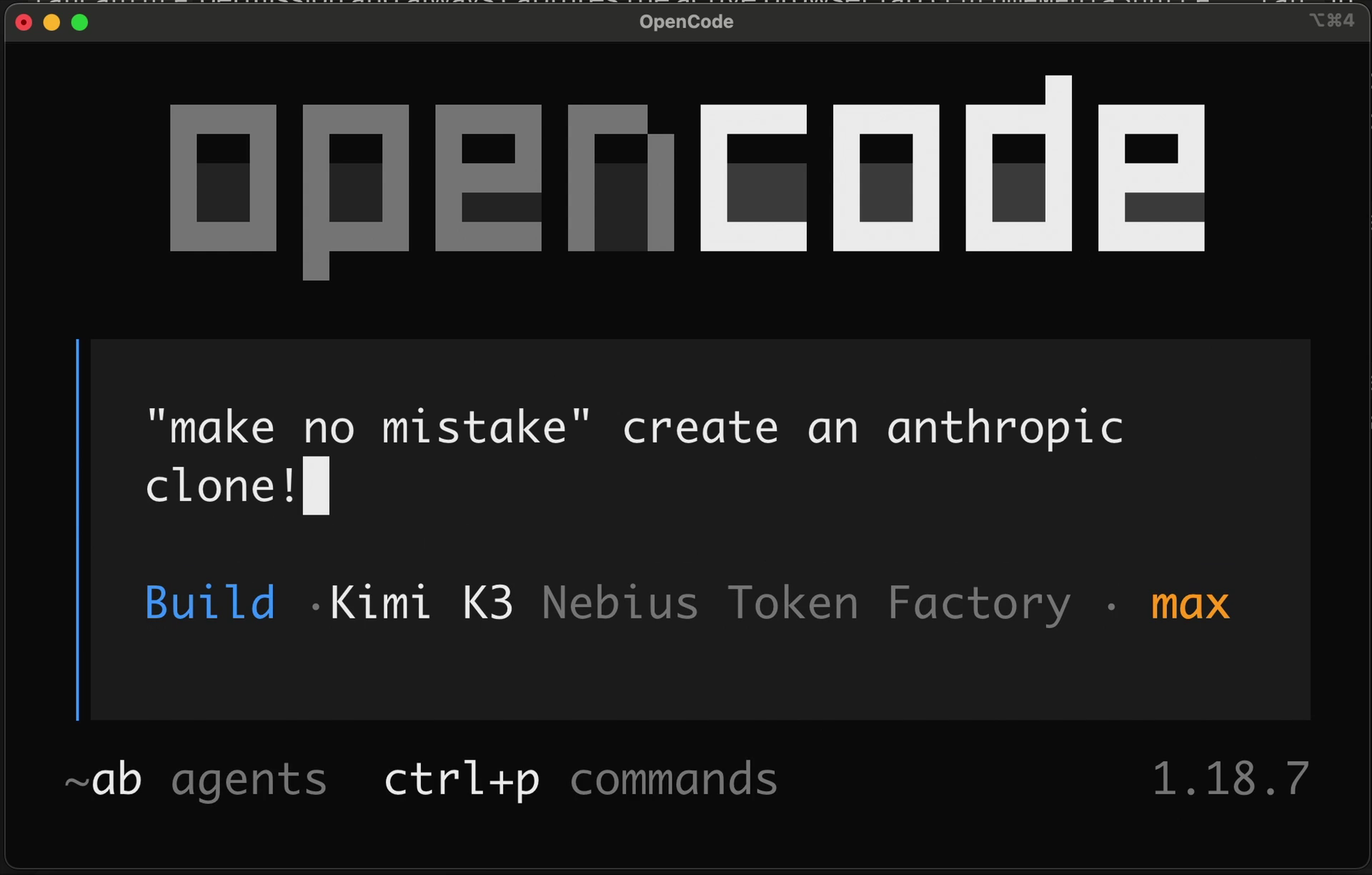 Entering a prompt in OpenCode with a Nebius Token Factory model selected