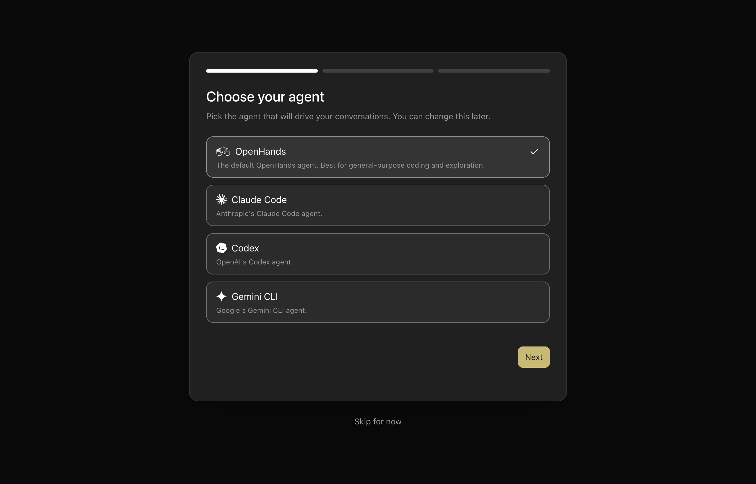 The Choose your agent step of the Agent Canvas setup wizard with OpenHands selected