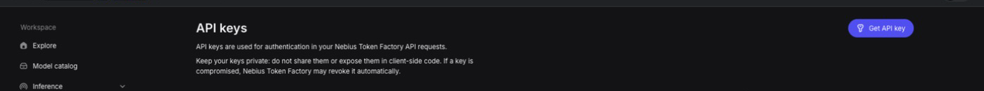 The API keys page in Nebius Token Factory