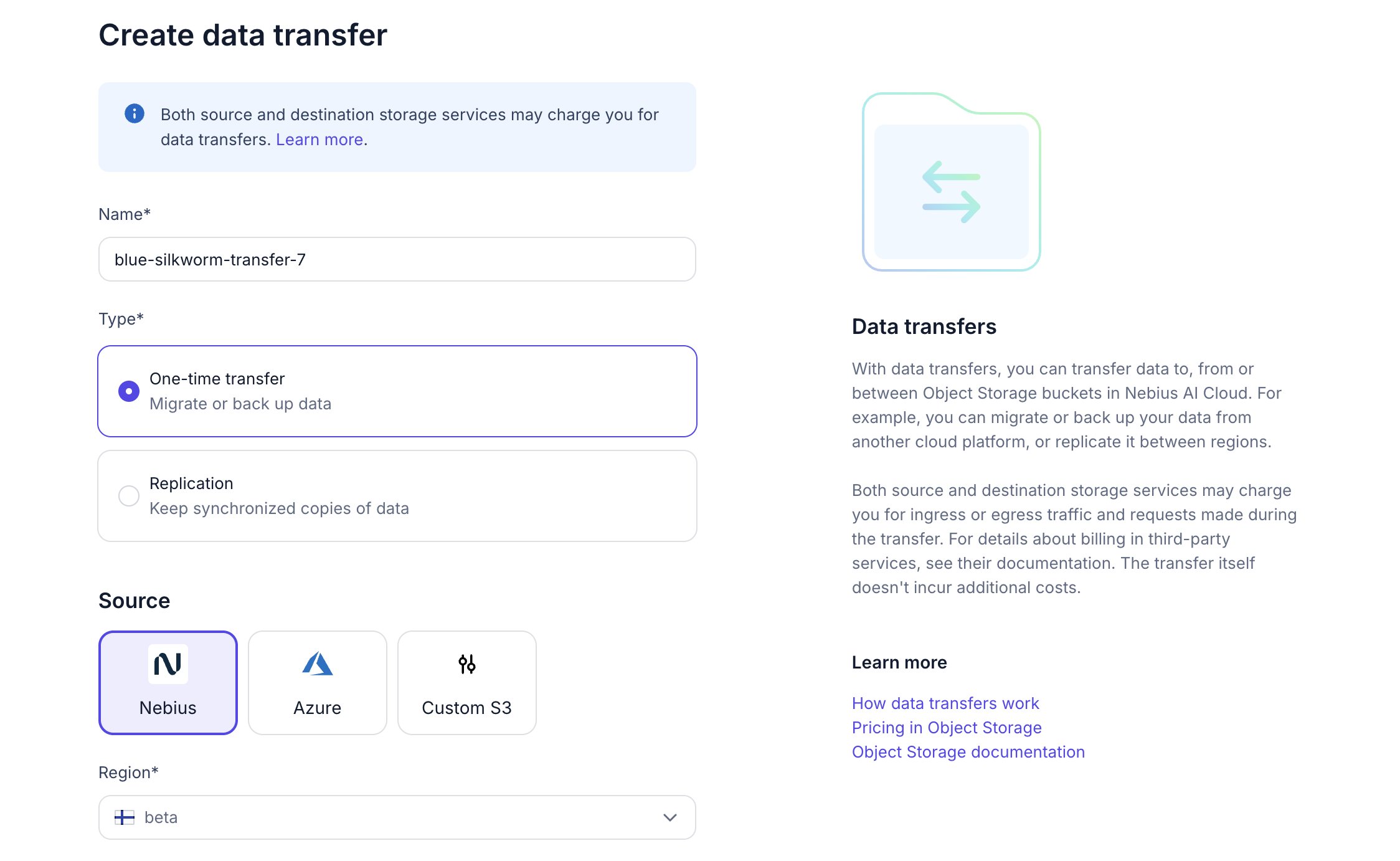 The image shows the configuration settings of Data Transfer Service