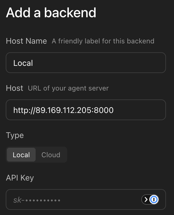 The Add a backend dialog with the pre-filled host and the API Key field