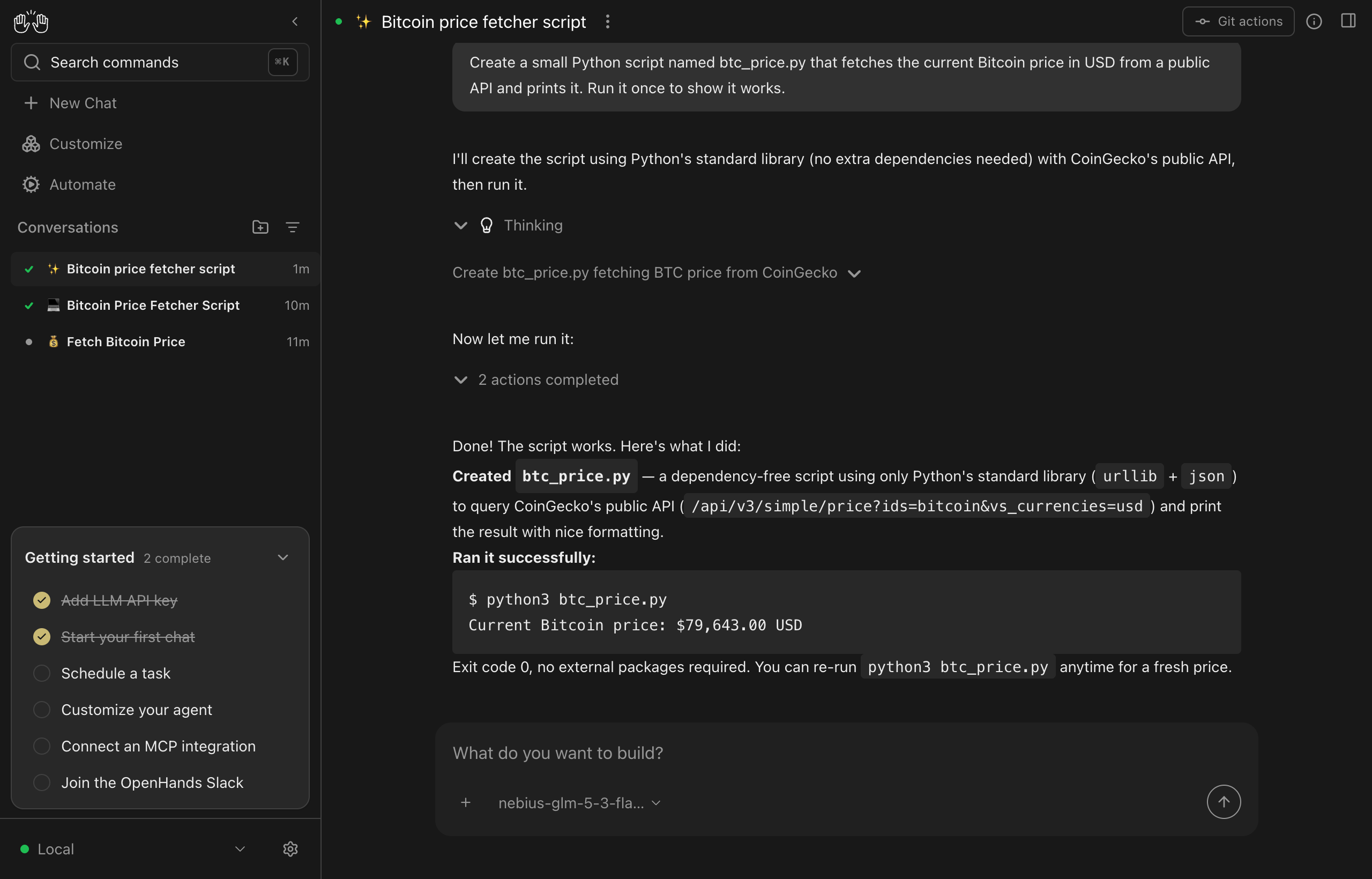 A finished Agent Canvas conversation: two actions completed and the agent reporting the current Bitcoin price