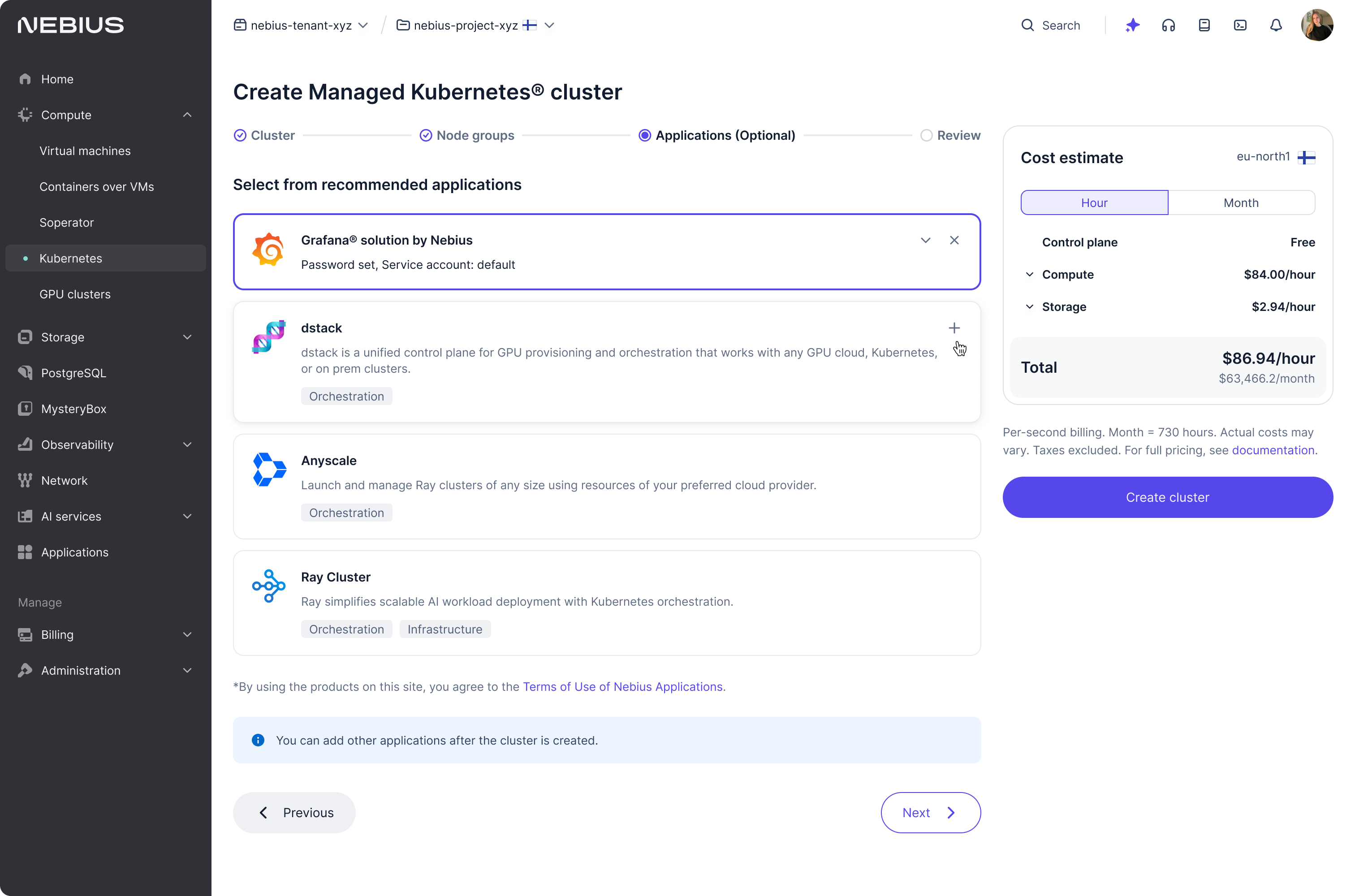 Step-by-step configuration flow for managed Kubernetes clusters
