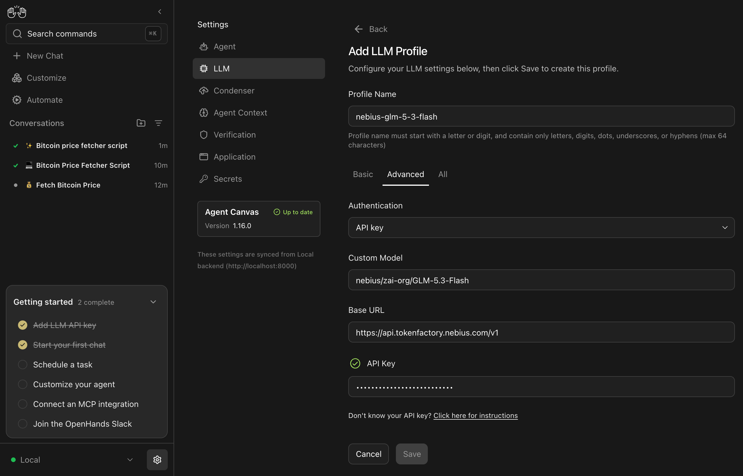 The Add LLM Profile form on the Advanced tab with the GLM-5.3-Flash model, Token Factory base URL, and API key filled in