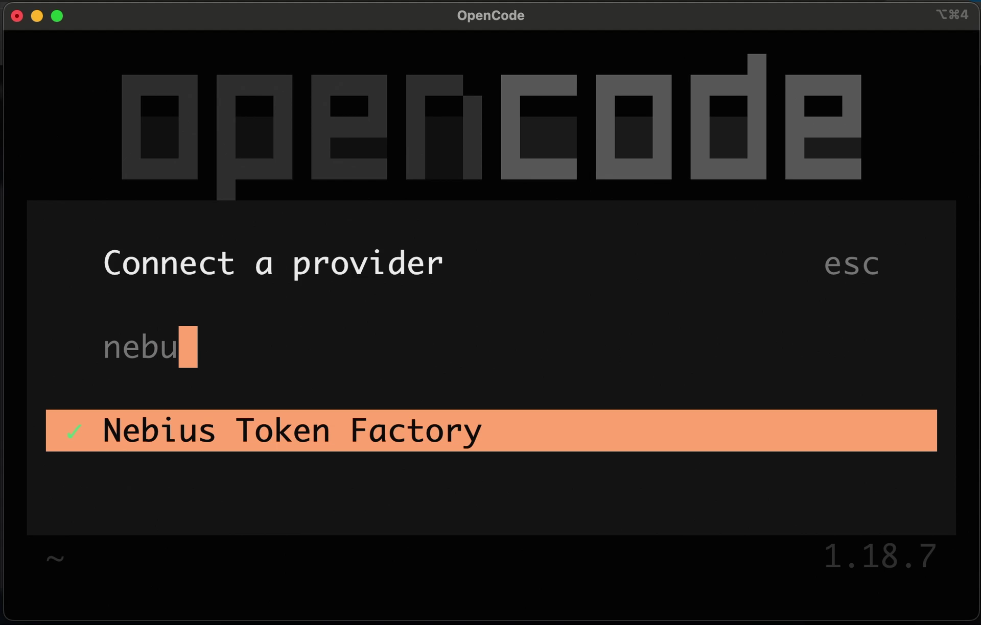 Selecting Nebius Token Factory in the OpenCode provider list