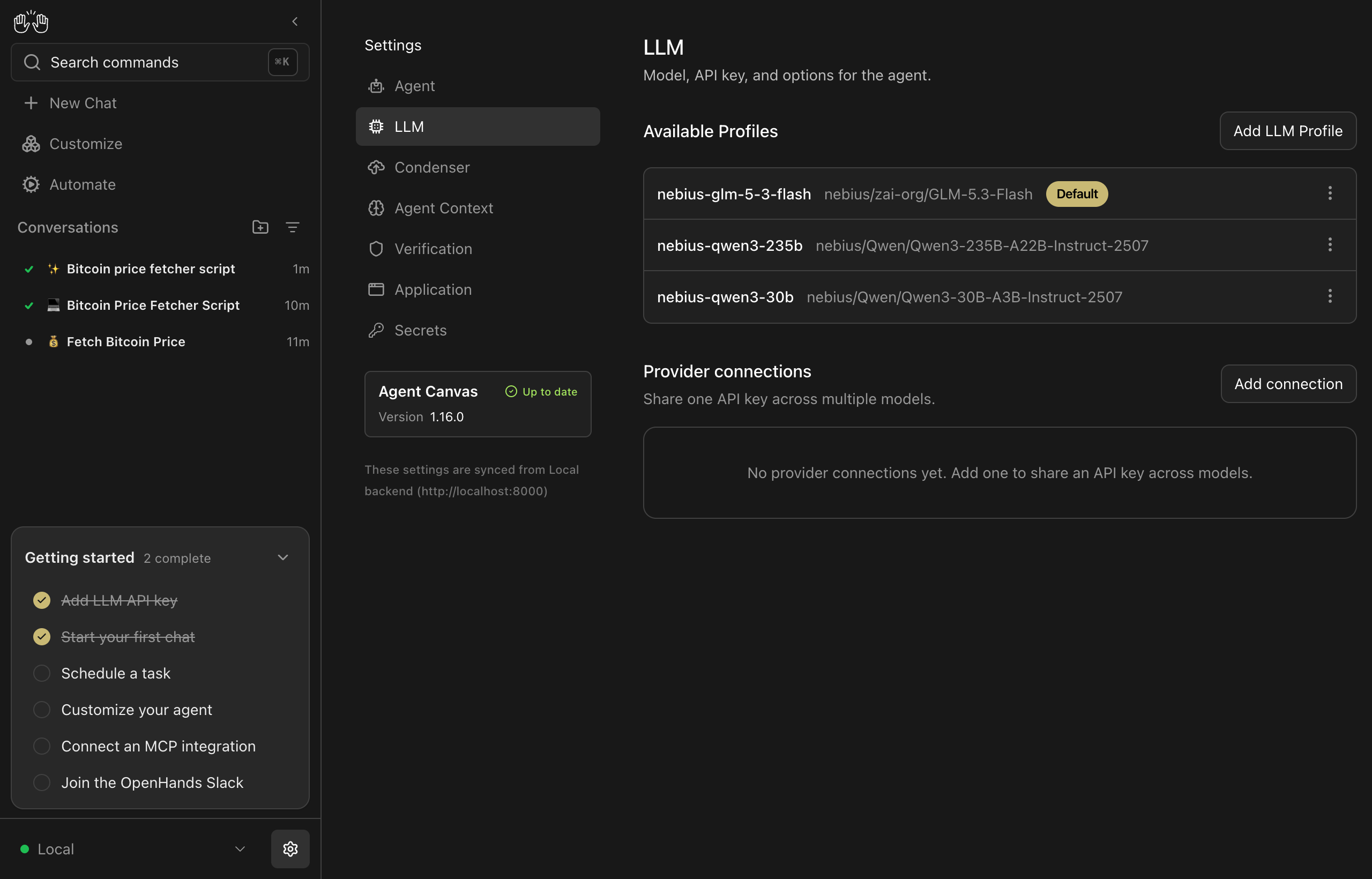 The LLM settings page listing saved Token Factory profiles with the GLM-5.3-Flash profile marked Default